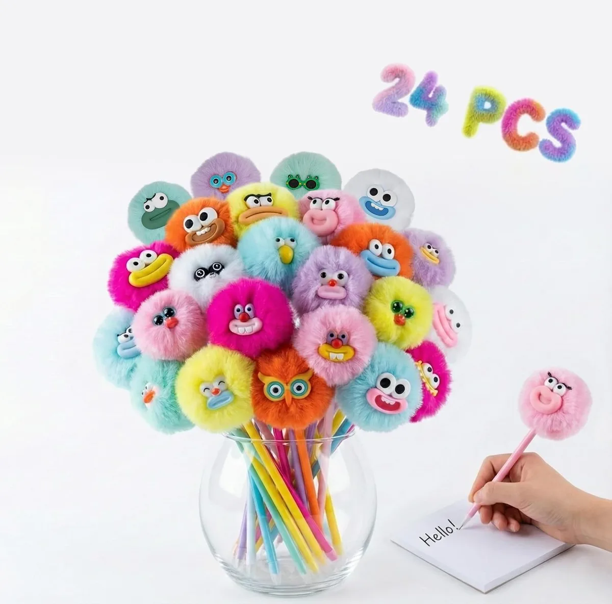 A bulk pack of fluffy pom pom pens with adorable faces, a fun back-to-school writing supply for kids