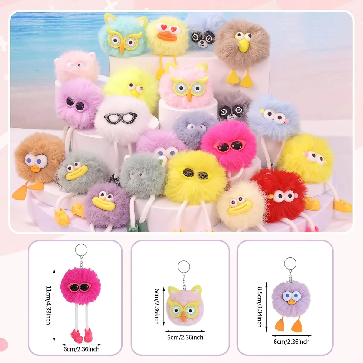 Closeup of adorable kawaii keychain designs with unique faces