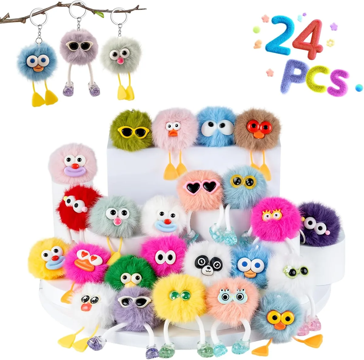 Fluffy keychains for kids - 24 pack of clip-on backpack charms