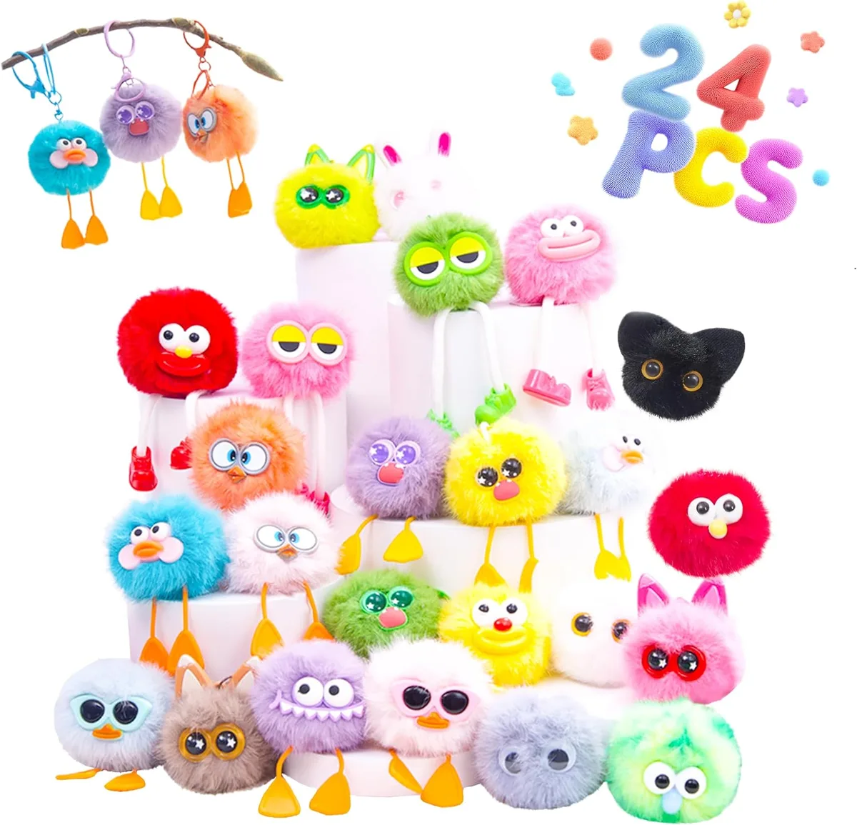 A bulk pack of 24 assorted kids keychains — a keepable anchor-shelf prize for a class store, about a dollar apiece